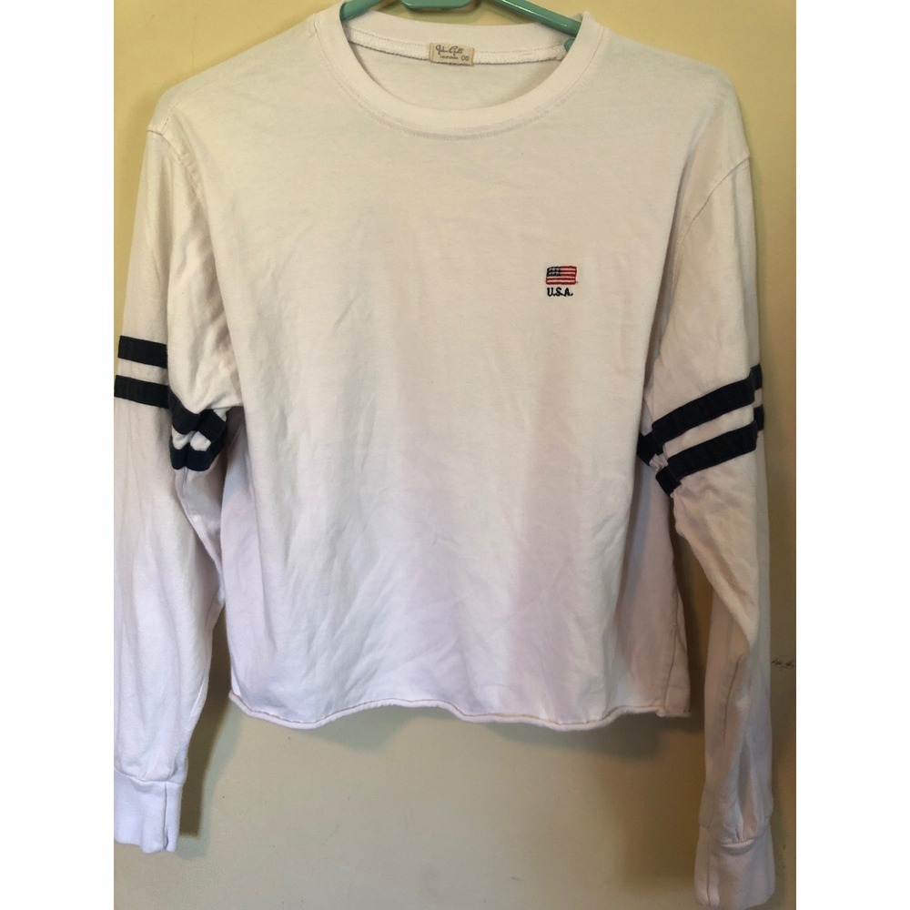 John Galt Brandy Melville USA Flag Long Sleeve Crop Top White Navy Stripe OS